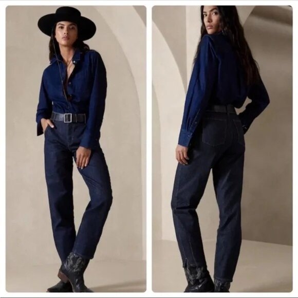 Banana Republic Premium Denim High Rise Relaxed Tapered Dark Blue Jeans Size 31 - Picture 1 of 16